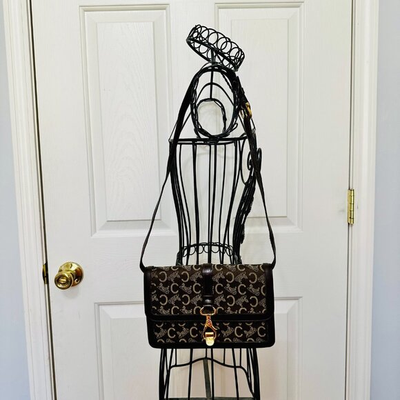 CELINE PARIS 2-WAY LEATHER AND CANVAS SIGNATURE MONO LOGO SHOULDER BAG VINTAGE - Picture 8 of 10